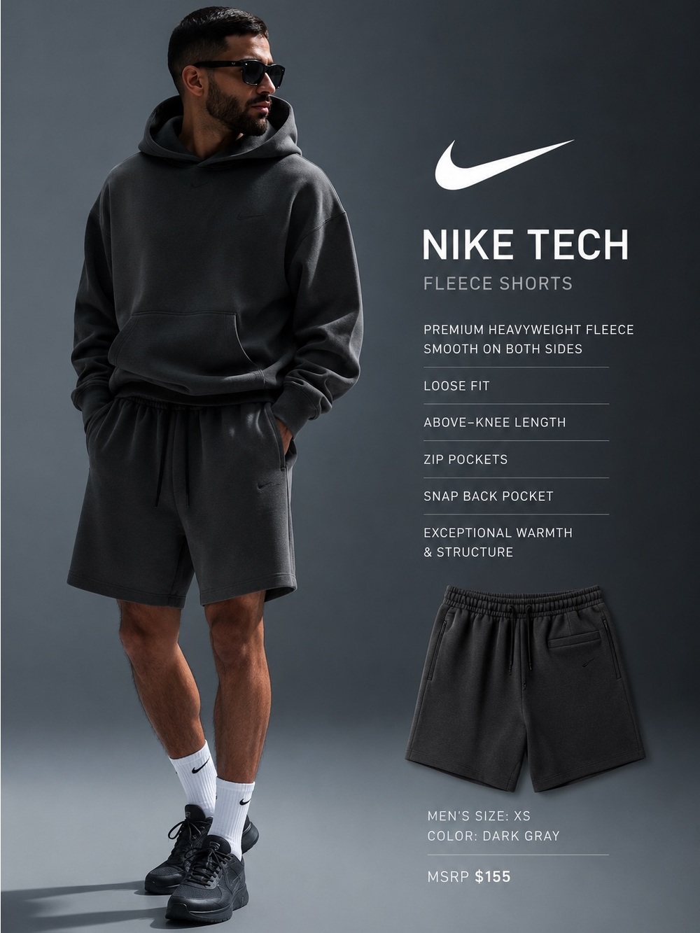 Nike Tech Mens XS Premium Heavyweight Loose Above Knee Gray Shorts NWT